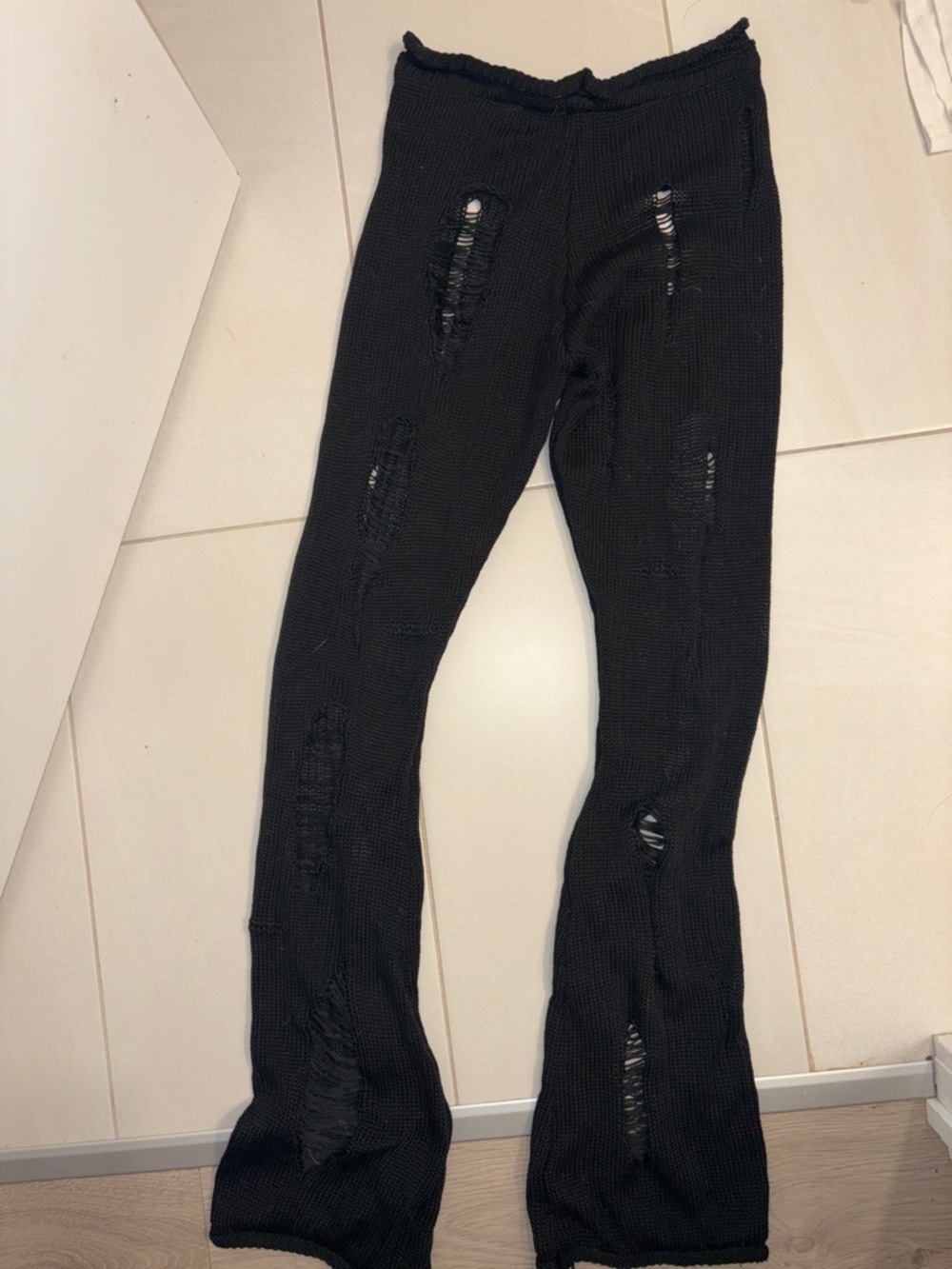 Black Distressed Knit Flare Pants